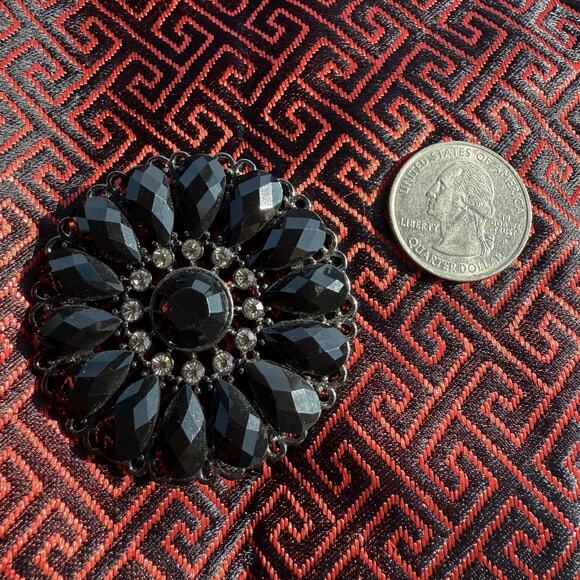 VTG Goth Flower Black Clear Rhinestone PREMIER DESIGN Mourning Brooch Pendant 2” - Picture 6 of 6